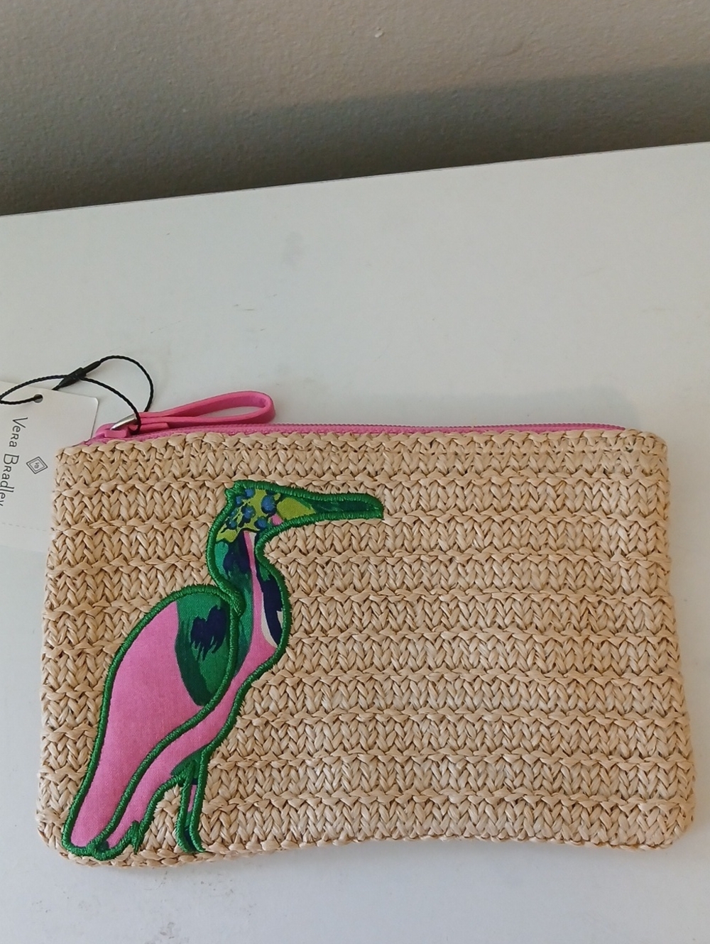 Vera Bradley Pink & Green Embroidered Straw Wristlet